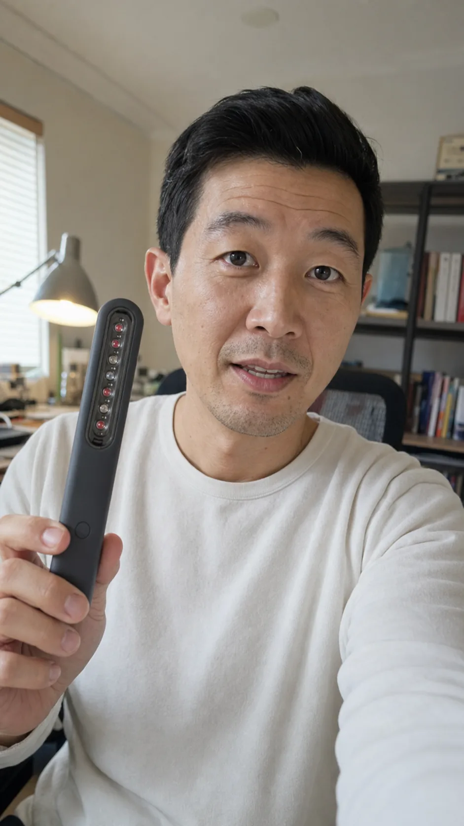 Man films a home-office selfie while holding an unbranded handheld wellness device.